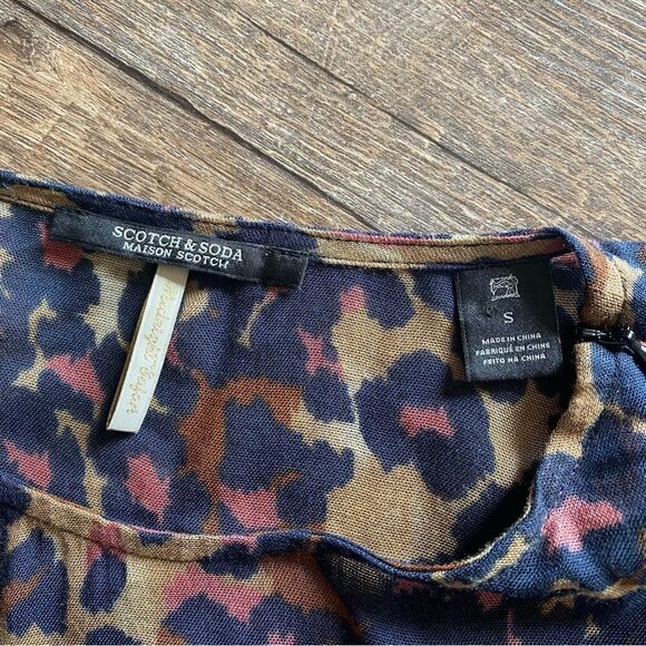 Scotch & Soda Leopard Blouse Navy Taupe Pink Small Chic - Picture 2 of 13